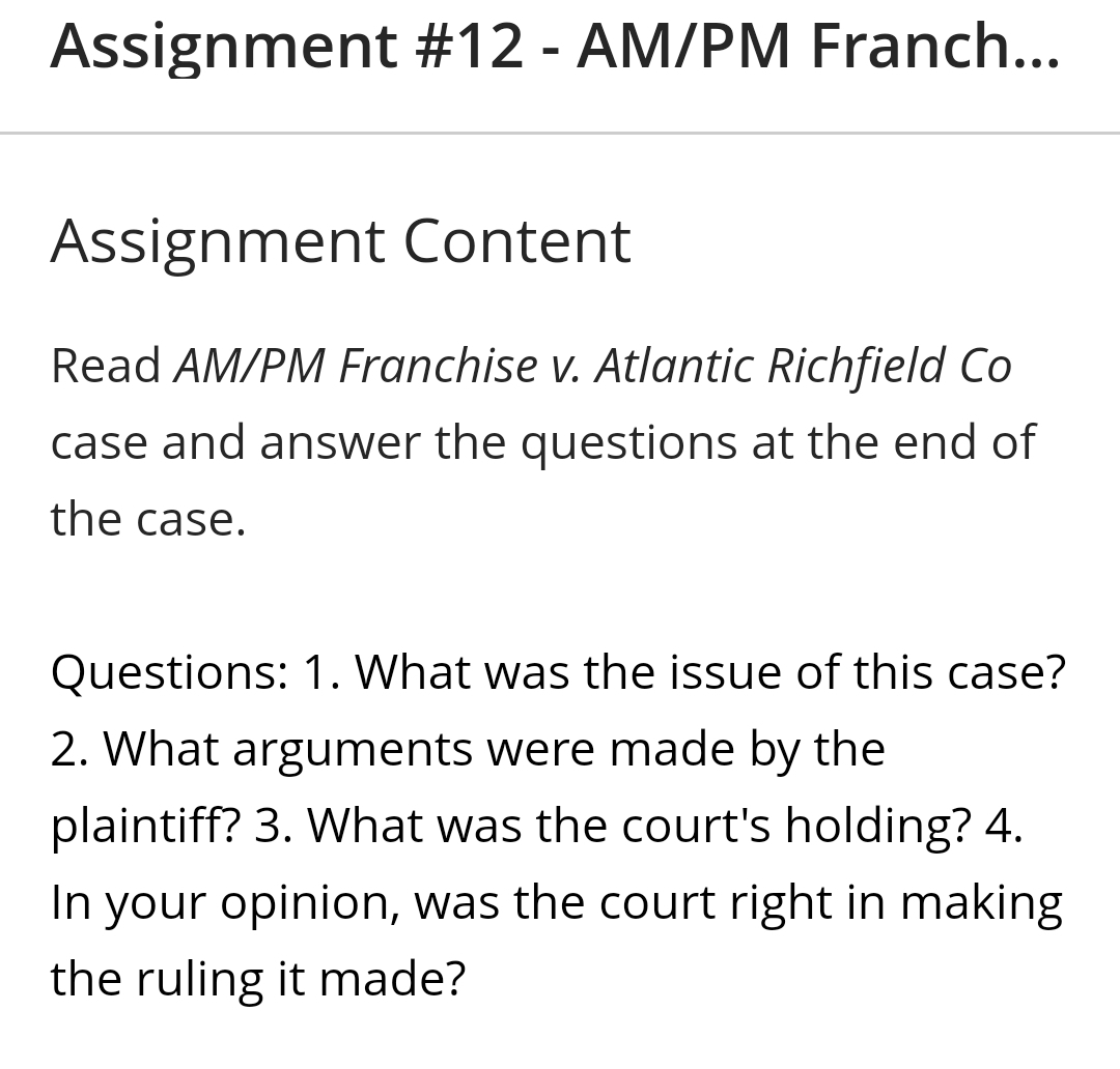  help please Assignment #12 - AM/PM Franch... Assignment Content Read AM/PM