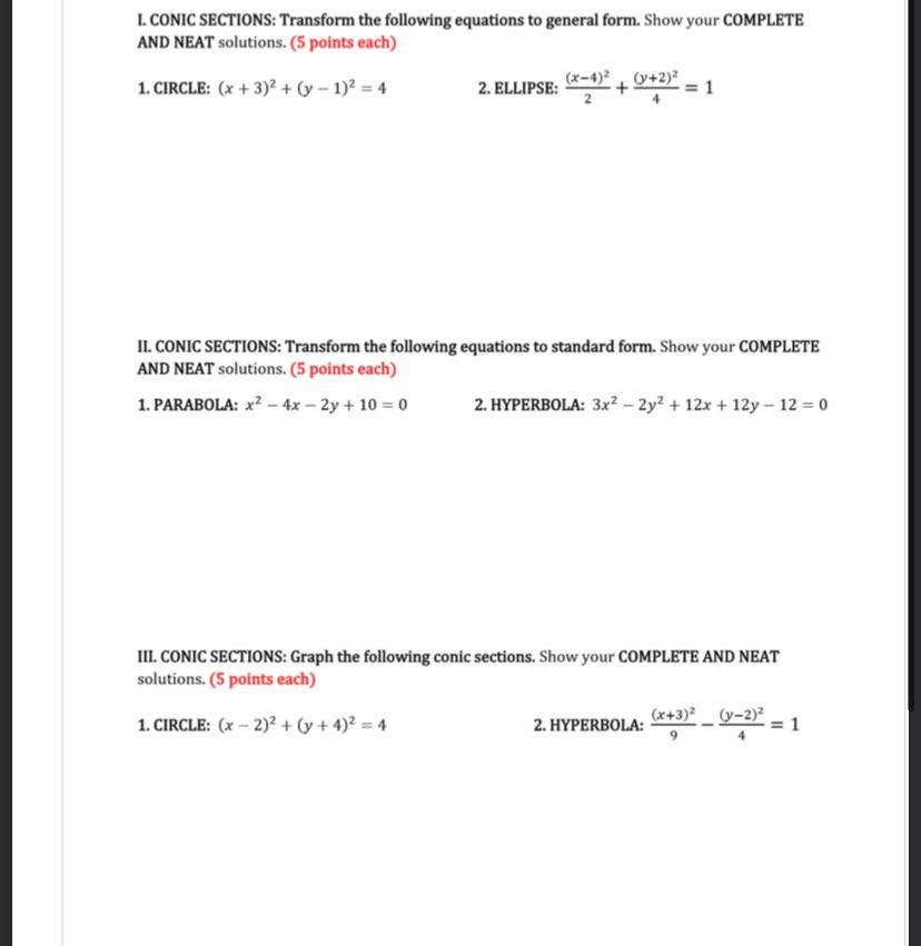 your COMPLETE AND NEAT solutions. (5 points each) 1. CIRCLE: (x +