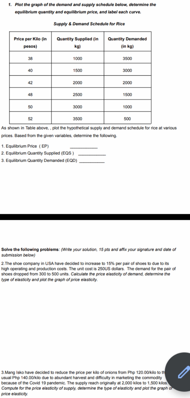  answer the following 1. Plot the graph of the demand and