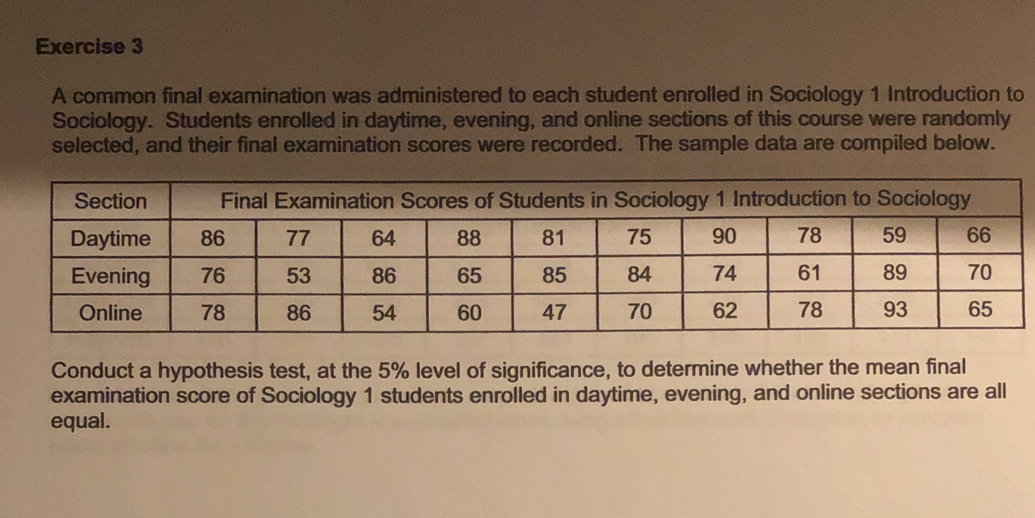  Exercise 3 A common final examination was administered to each student