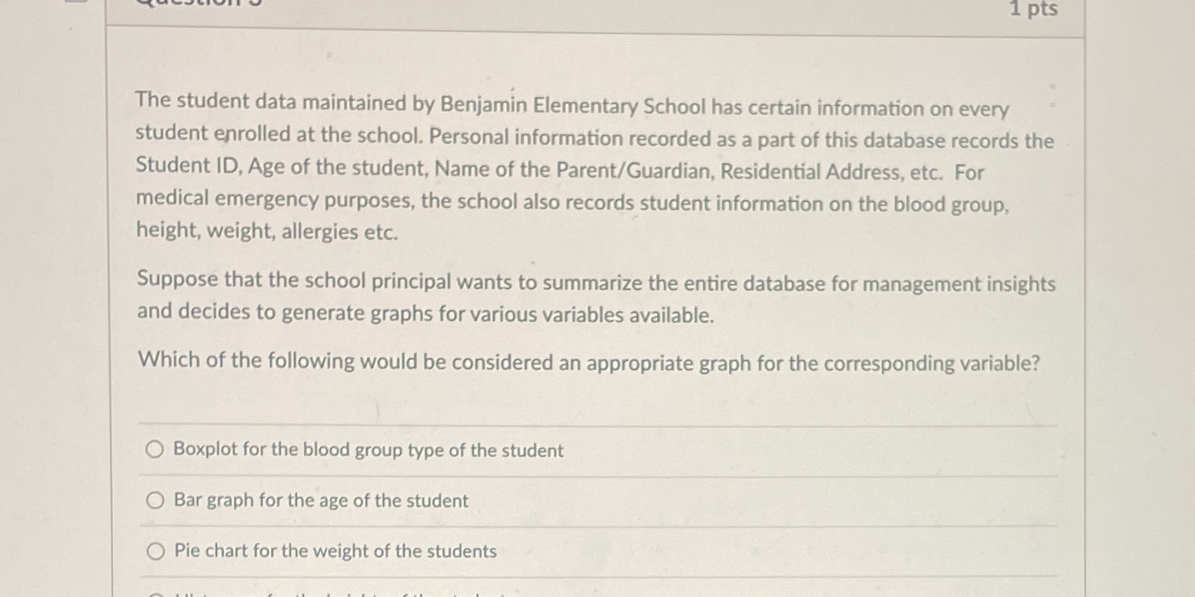  1 pts The student data maintained by Benjamin Elementary School has