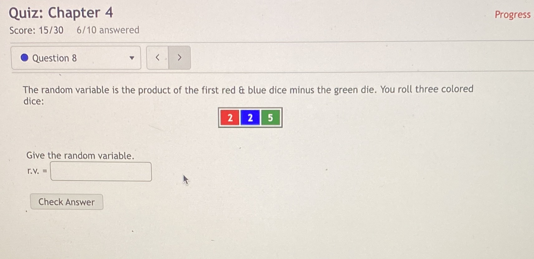 is the product of the first red & blue dice minus the