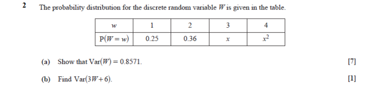  2 The probability distribution for the discrete random variable W is