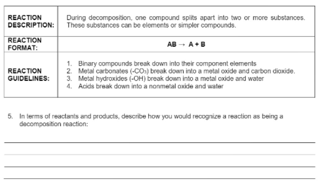  REACTION During decomposition, one compound splits apart into two or more
