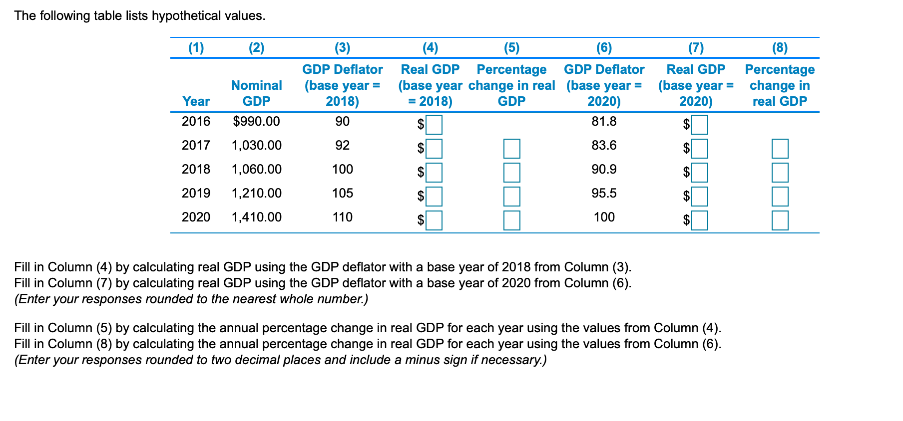 The following table lists hypothetical values. (1) (2) (3) (4) (5)