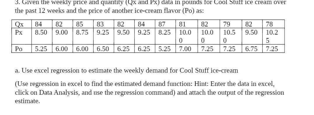  3. (given the weekly price and quantity (Q): and PX) data