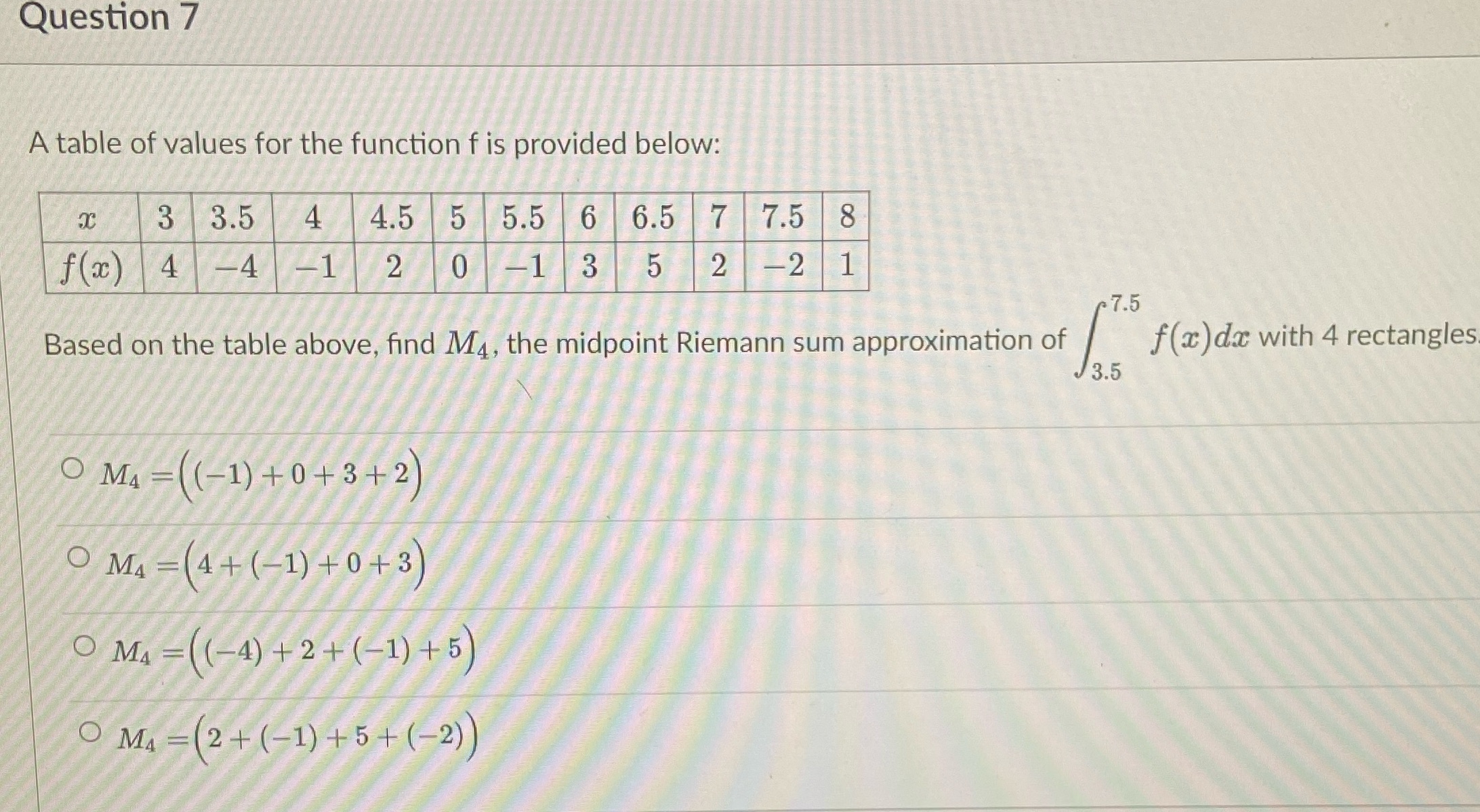 it given the answer options. Question 7 A table of values for