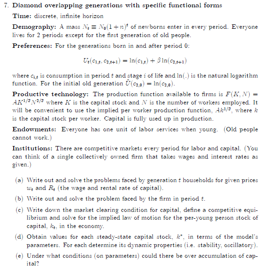 Help me. i". Diamond overlapping generations with specic functional fonns Time:
