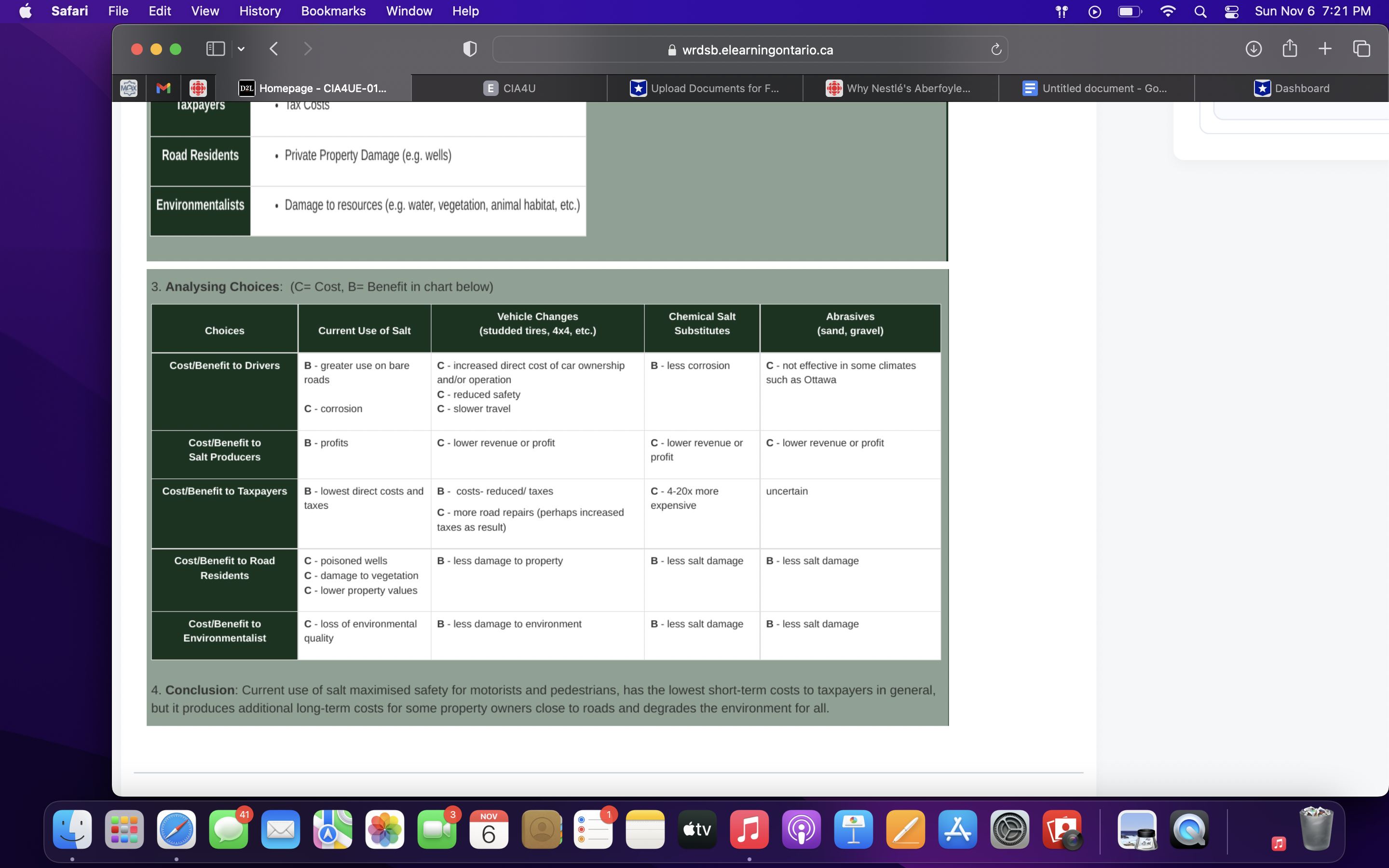 full cost-benefit analysis for one of the issues in this activity (the