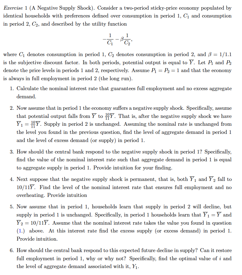 Shock). Consider a two-period sticky-price economy populated by identical households with preferences
