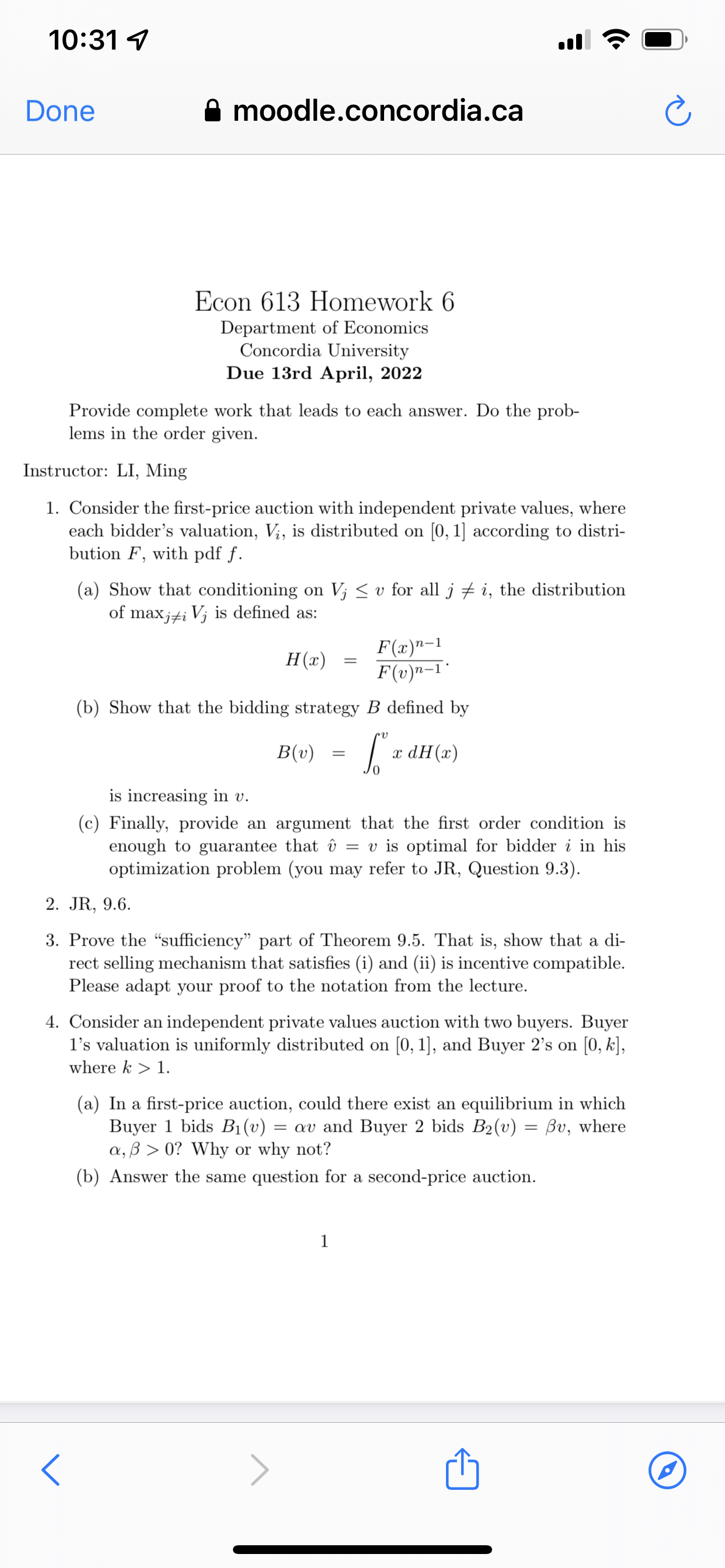 to auctions , thanks 10:31 7 Done moodle.concordia.ca C Econ 613 Homework