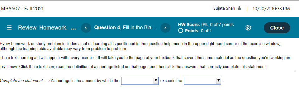 7 points = Review Homework: ... A shortage is the amount by