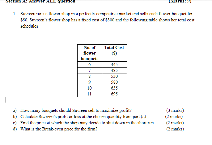 flower shop in a perfectly competitive market and sells each flower bouquet