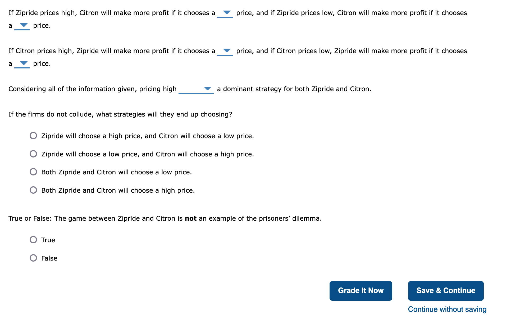 profit scenarios for each company (in millions of dollars), depending on whether