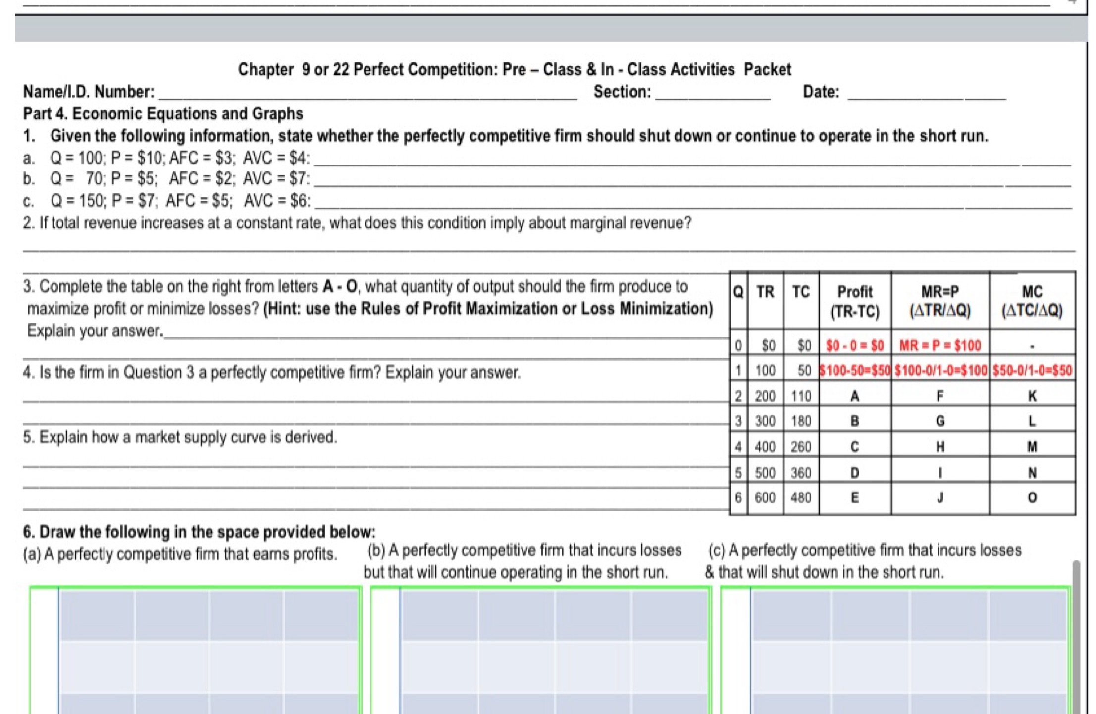 Perfect Competition: Pre - Class & In - Class Activities Packet Name/I.D.