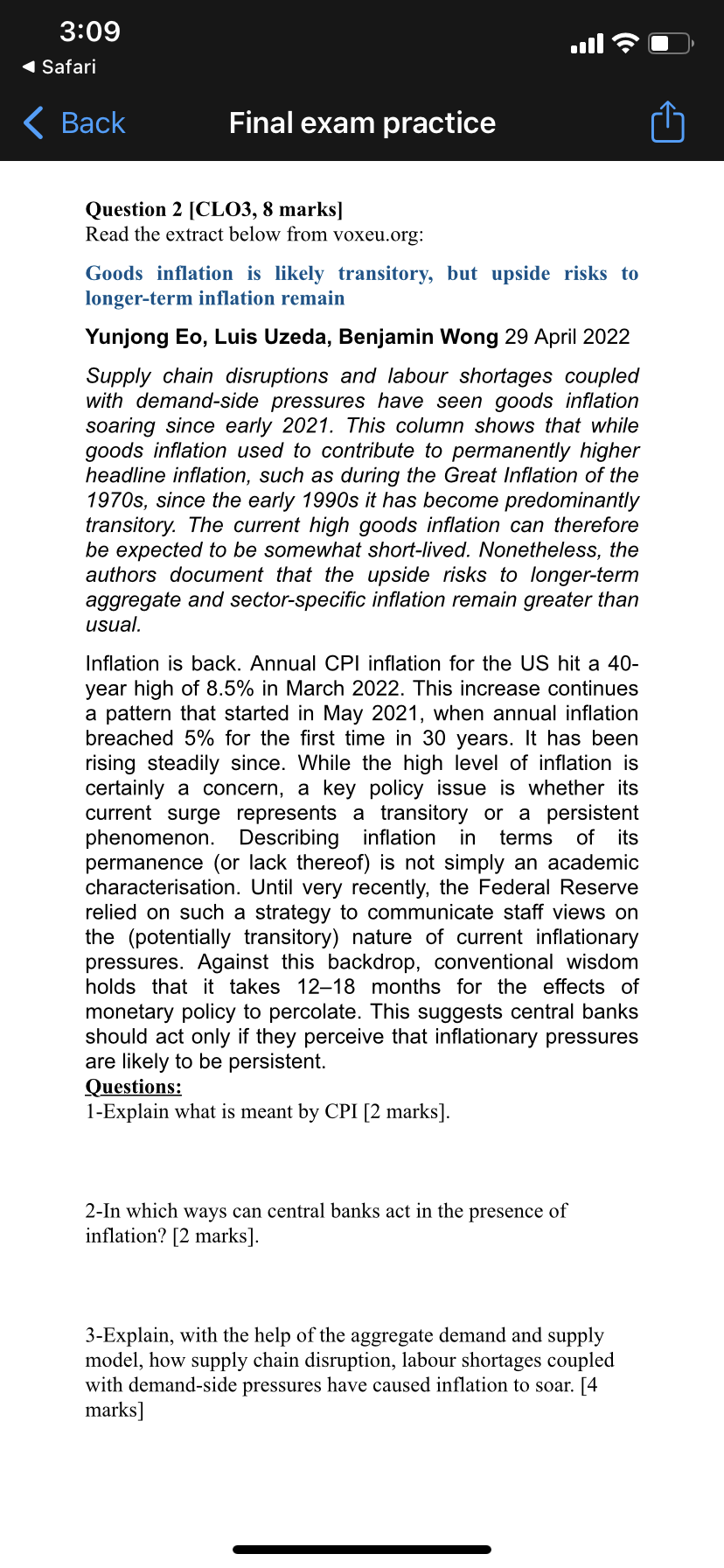 3:09 Safari < Back Final exam practice Question 2 ICL03, 8 marksl