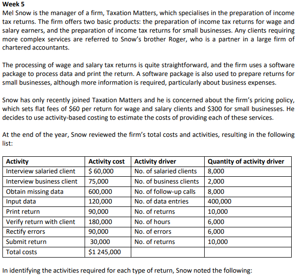 week 5 Mel Snow is the manager of a firm, Taxation Matters,