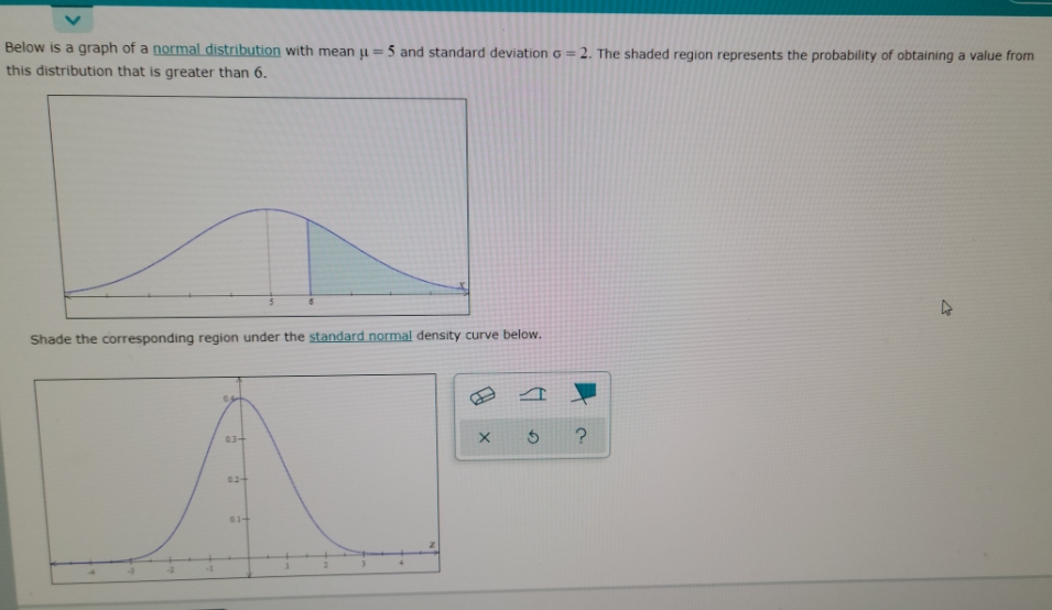 mean u = 5 and standard deviation o = 2. The shaded