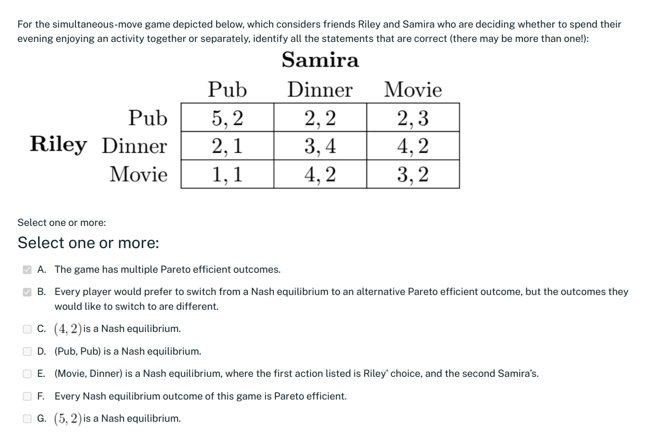  For the simultaneous-move game depicted below, which considers friends Riley and