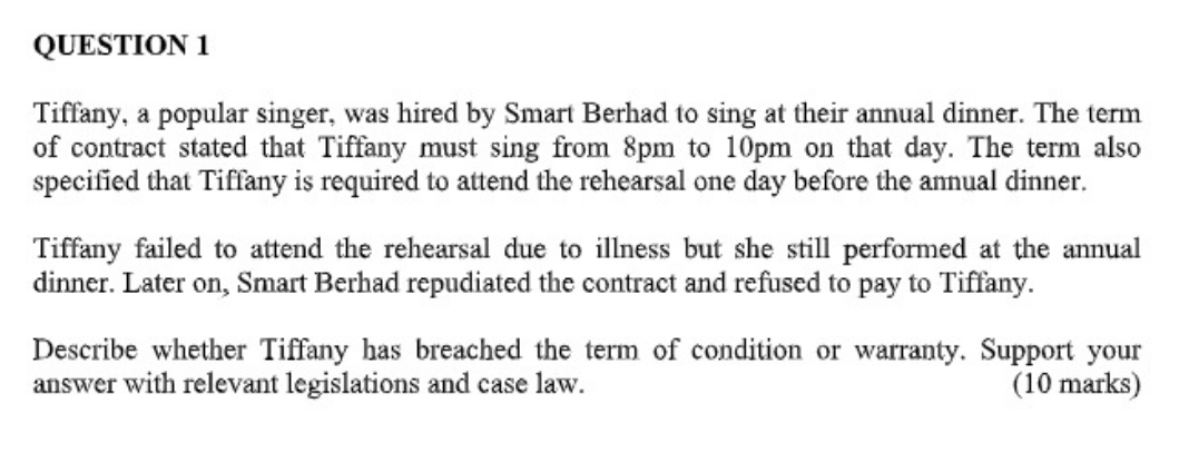 (Issue,Law,Apply,Conclusion) QUESTION 1 Tiffany. a popular singer. was hired by Smart Ber-had