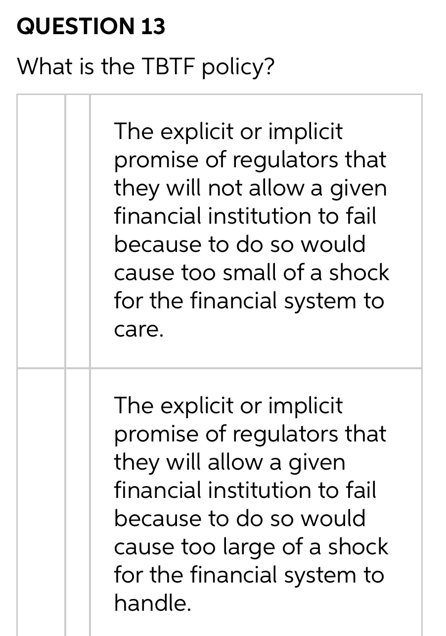  QUESTION 13 What is the TBTF policy? The explicit or implicit