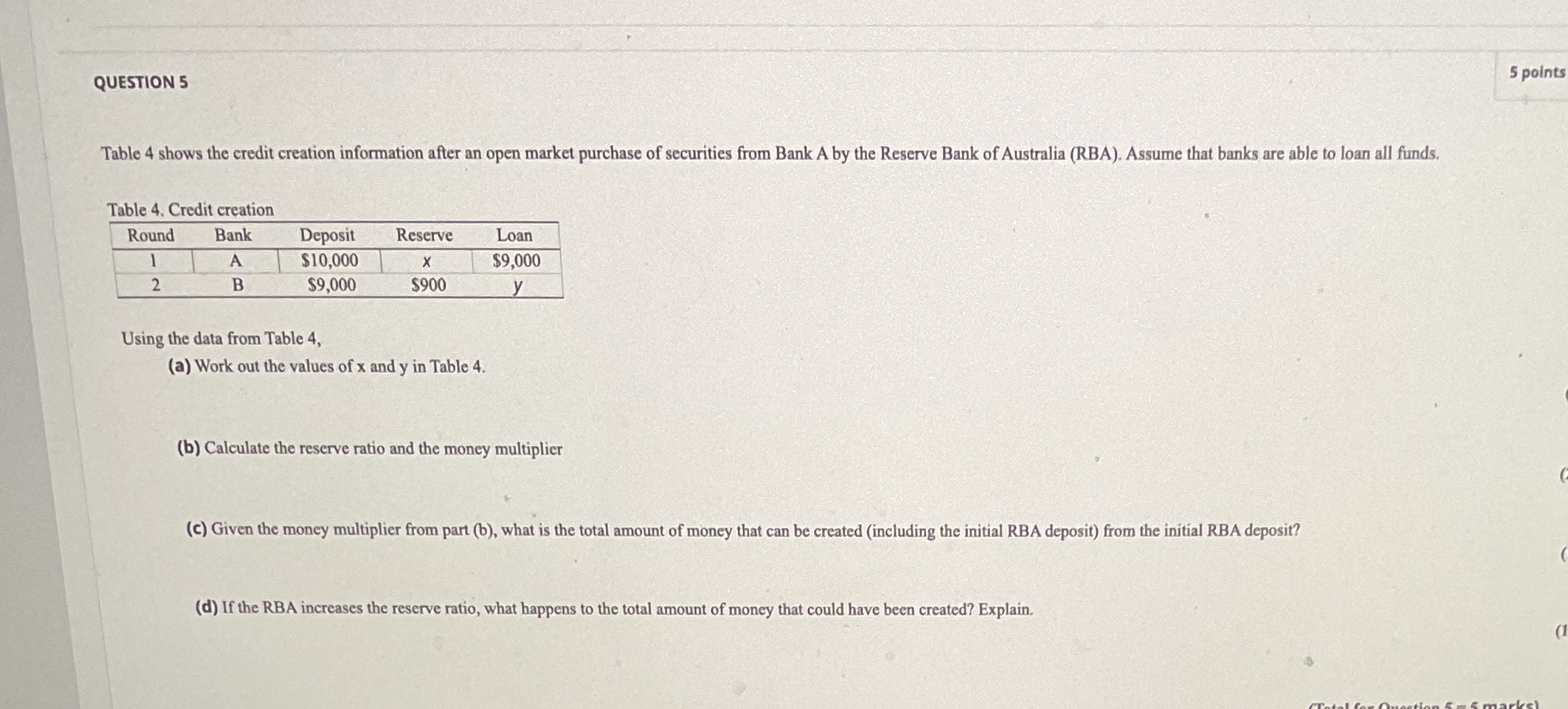  QUESTION 5 5 points Table 4 shows the credit creation information