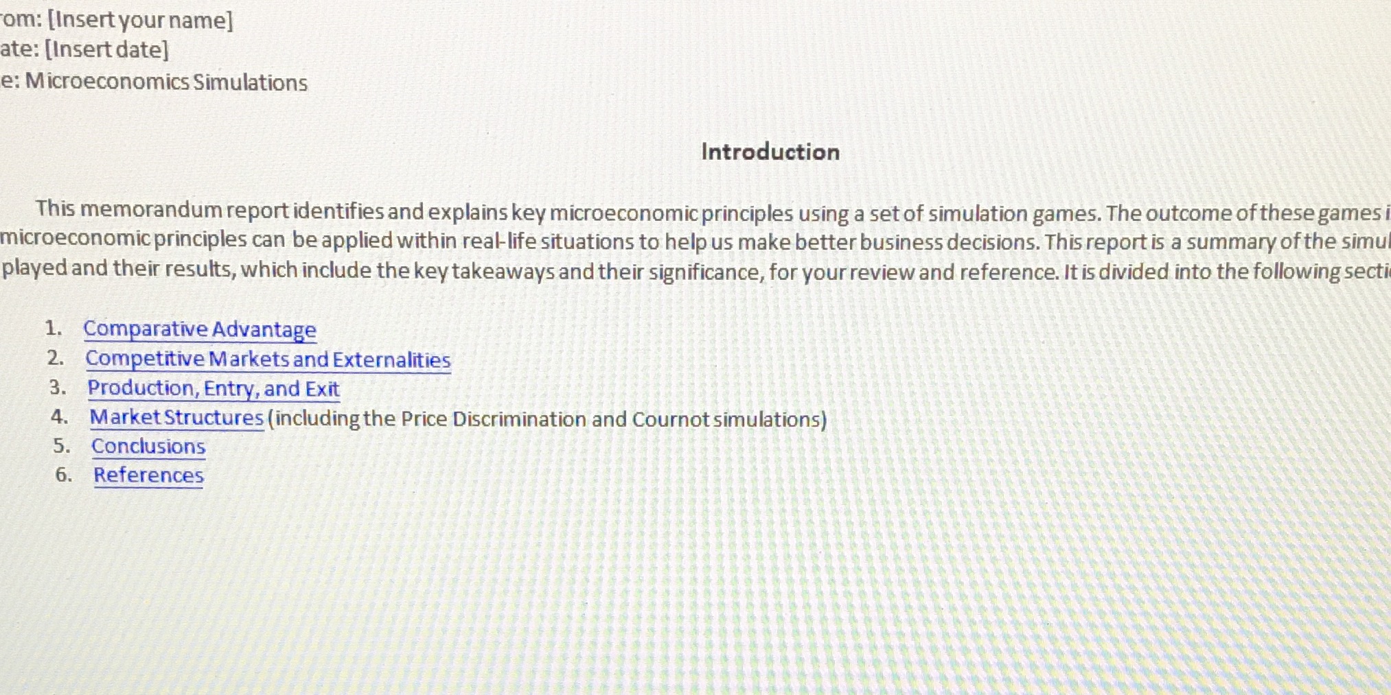 This memorandum report identifies and explains key microeconomic principles using a set