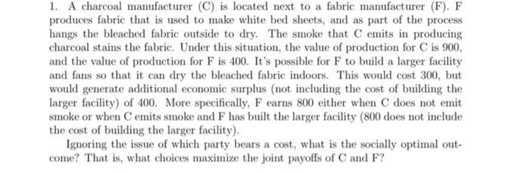 A charcoal manufacturer (C) is located next to a fabric manufacturer (F).