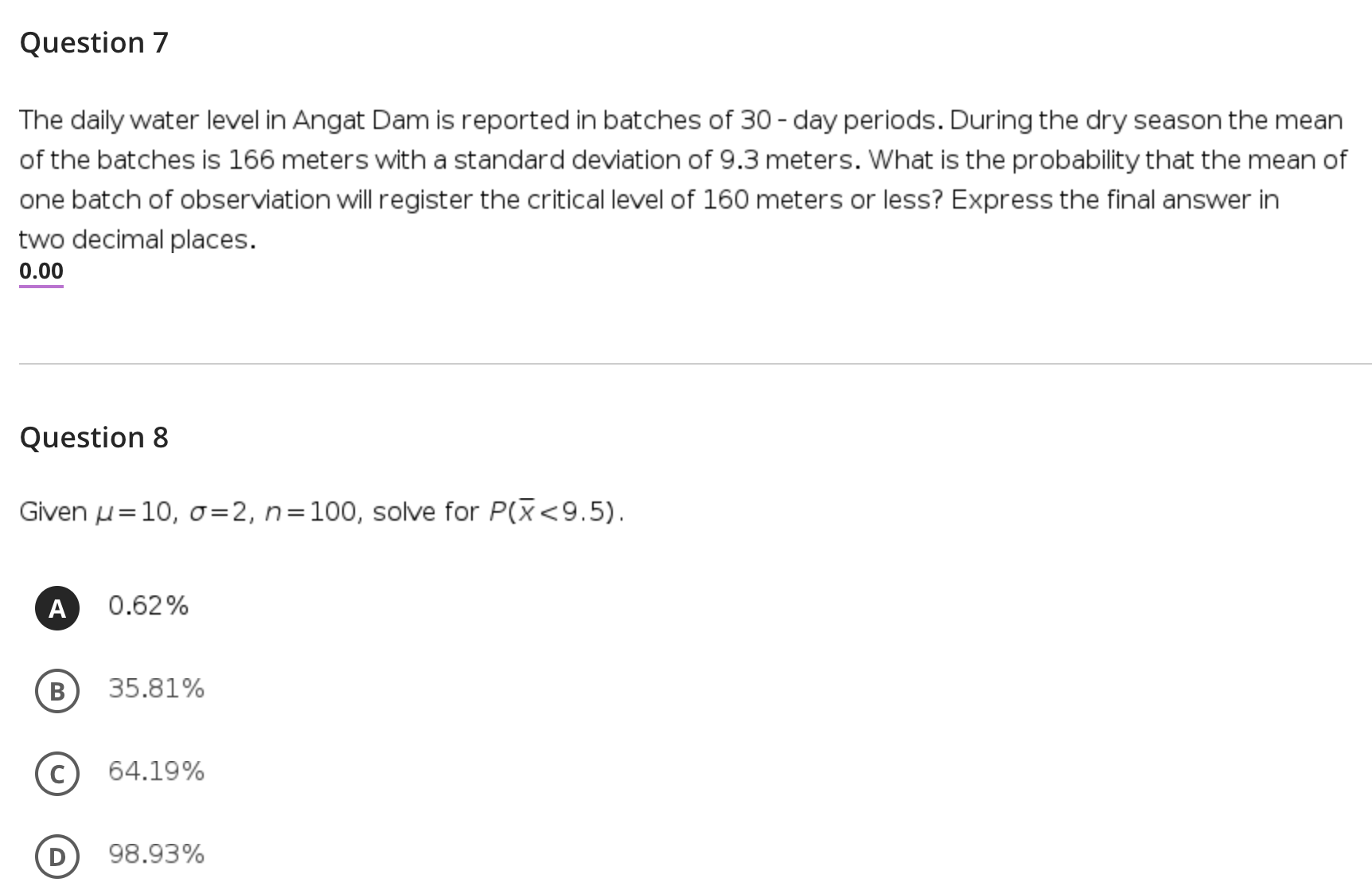 B). The value of A Is Following the range of values 85.35