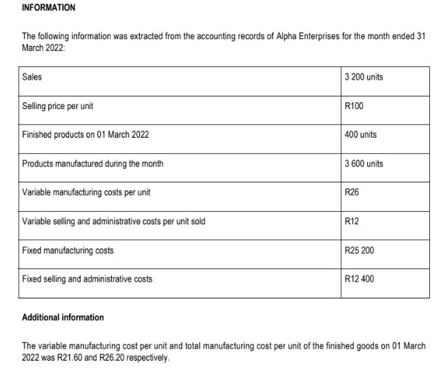 below to prepare the Income Statement for March 2022 according to the