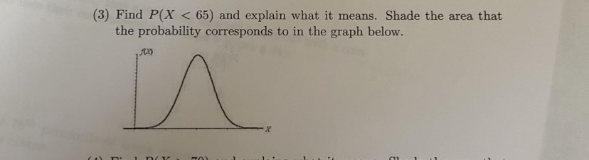 (3) Find P(X < 65) and explain what it means. Shade the
