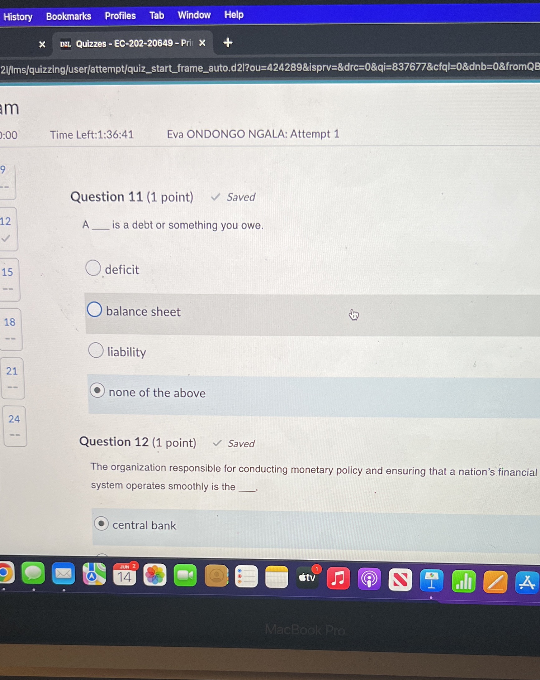  History Bookmarks Profiles Tab Window Help X D2L Quizzes - EC-202-20649