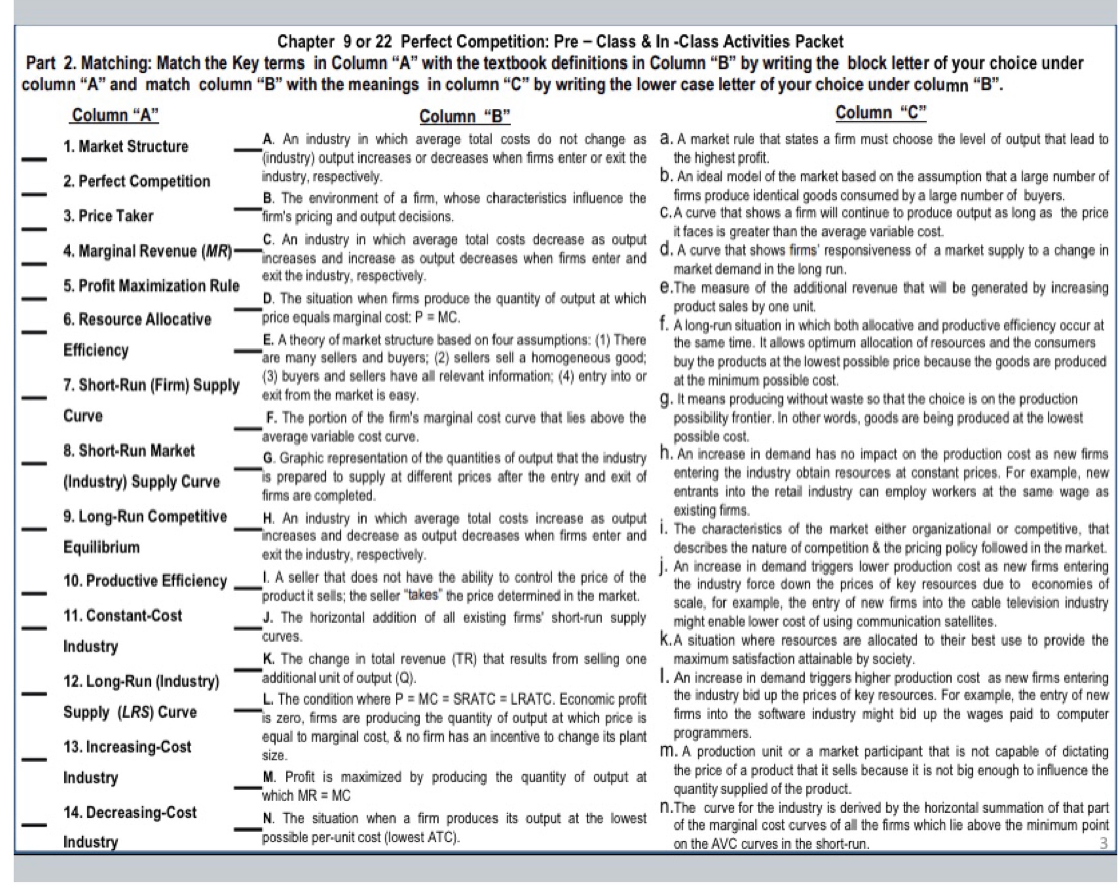 Perfect Competition: Pre - Class & In -Class Activities Packet Part 2.