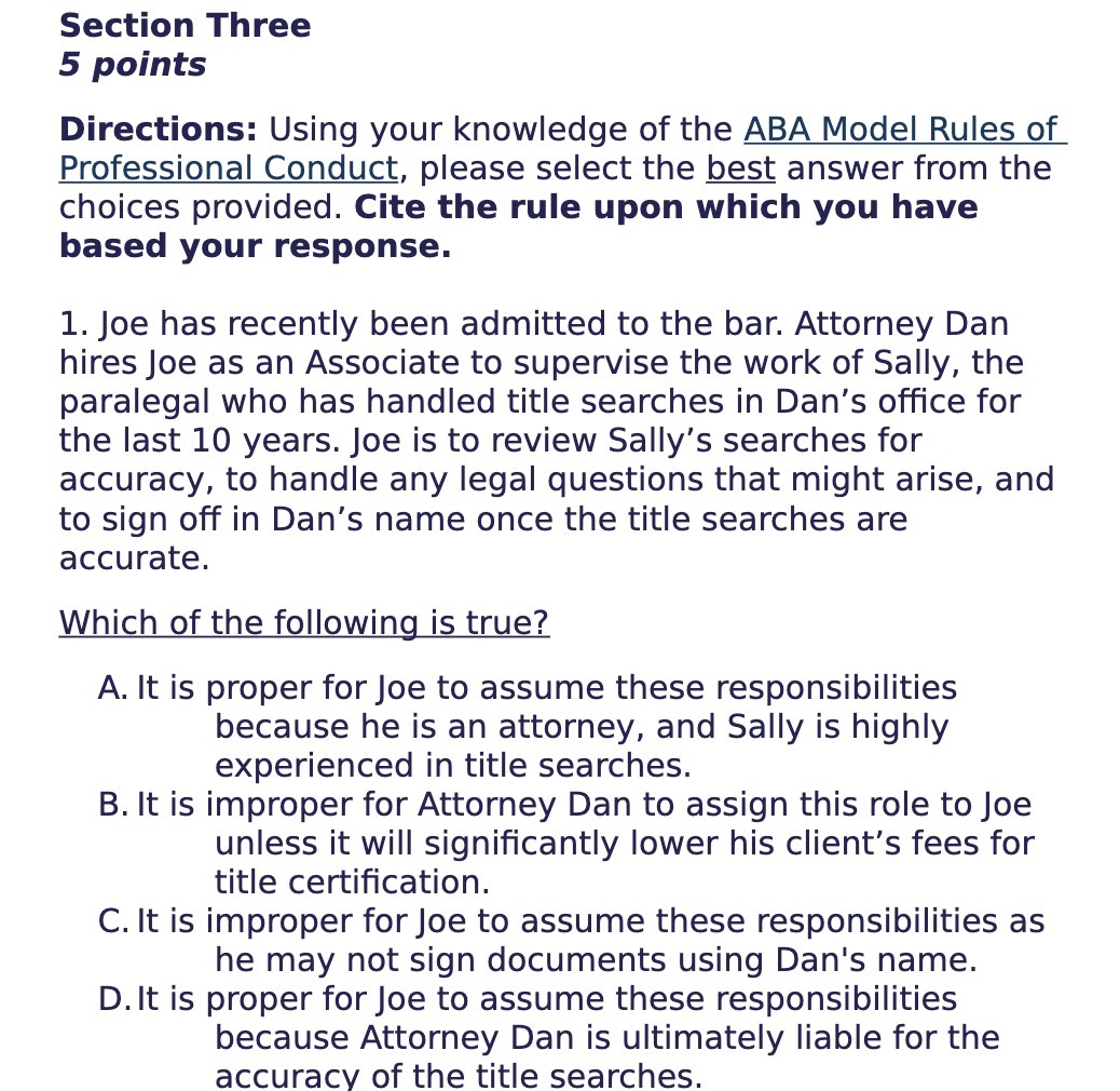 Model Rules of Professional Conduct, please select the best answer from the