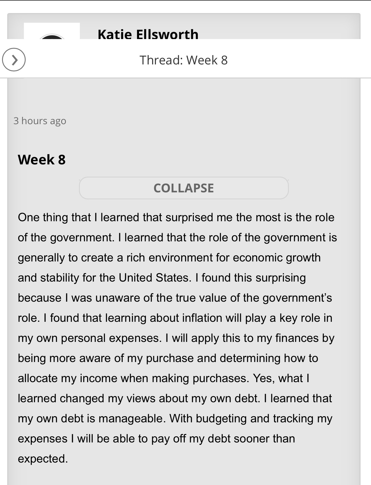  How would you reply to this classmate for our last discussion