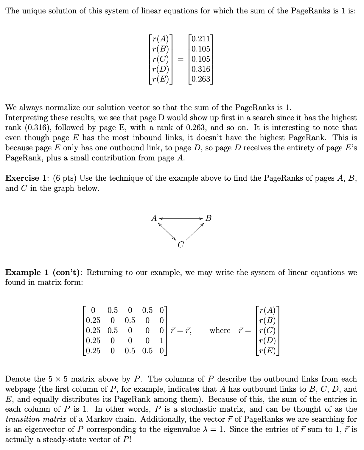 PageRank algorithm assigns ranks r(A), r(B), r(C), r(D), and r(E) that are