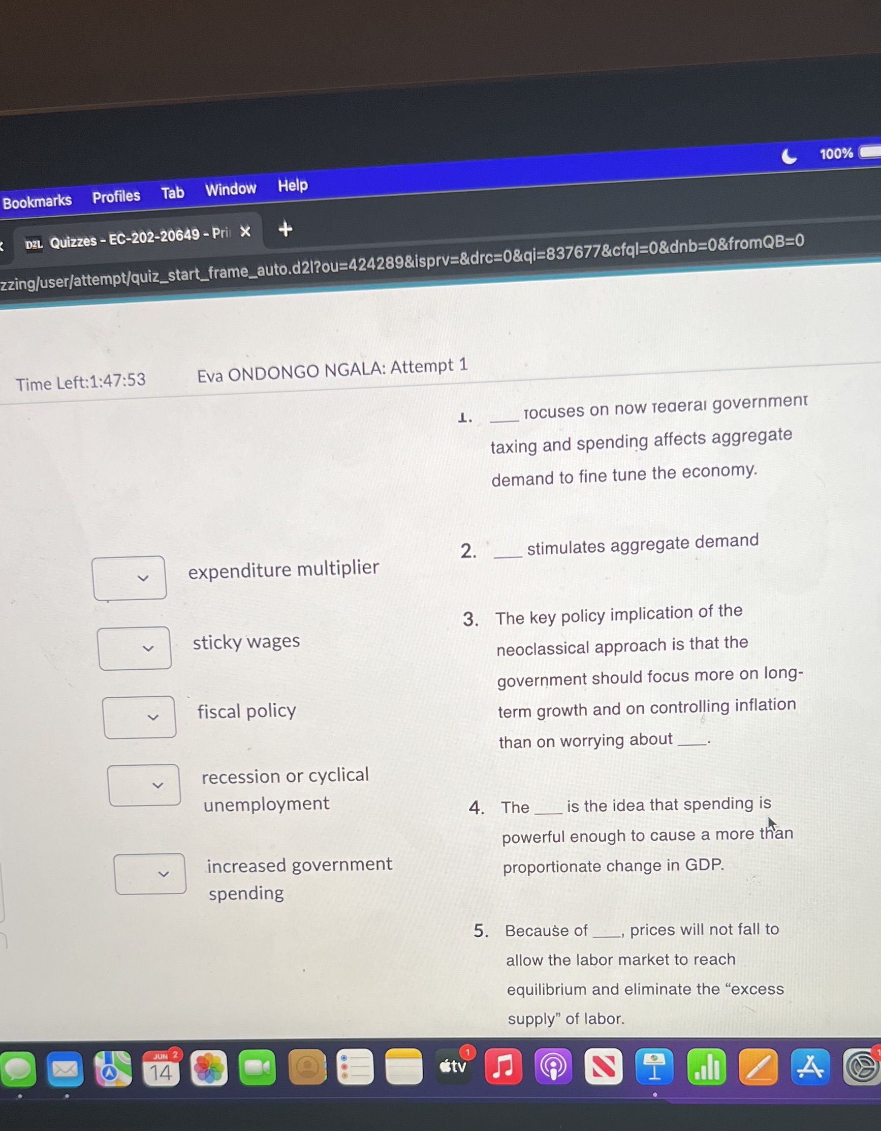 C 100% Bookmarks Profiles Tab Window Help DZL Quizzes - EC-202-20649
