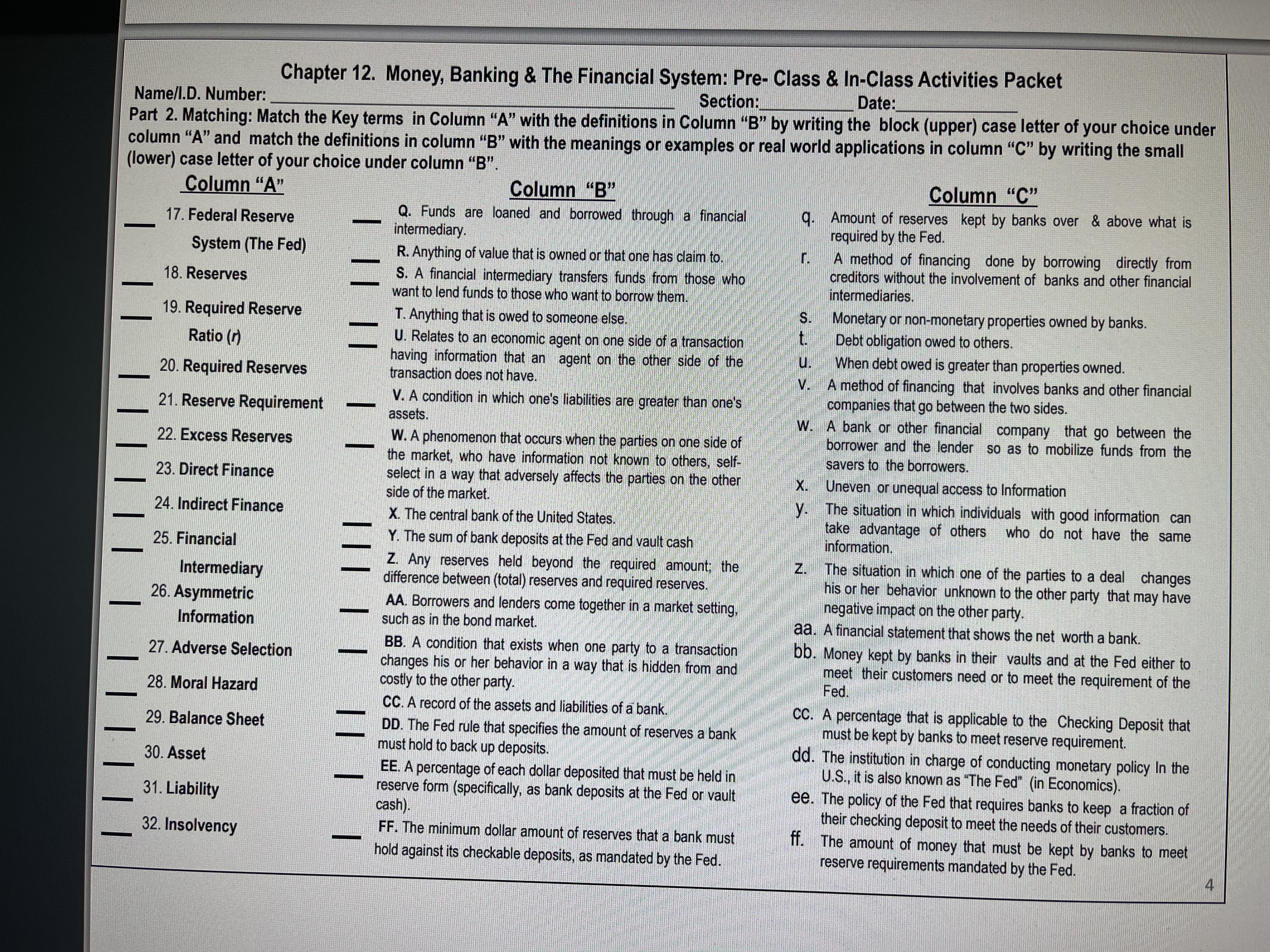  Chapter 12. Money, Banking & The Financial System: Pre- Class &