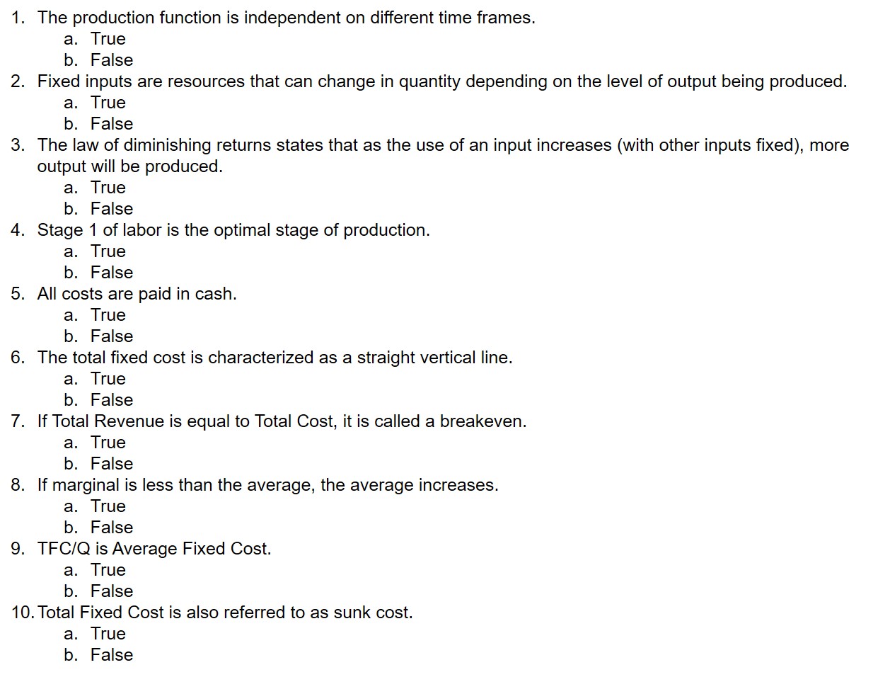  7. 8. 9. . The production function is independent on different