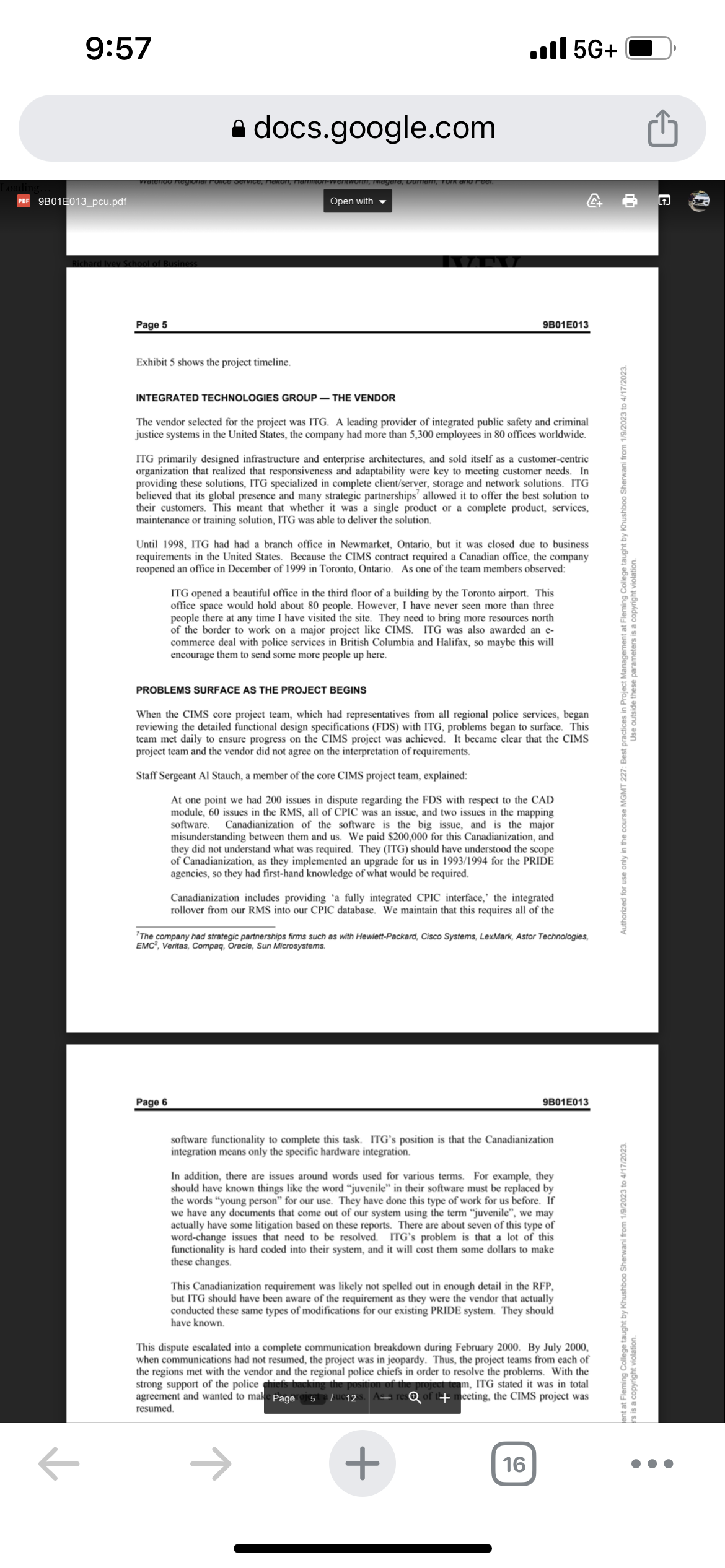 fax (519) 661-3882; e-mail cases@ivey.uw Copyright @ 2001, Ivey Management Services Version: