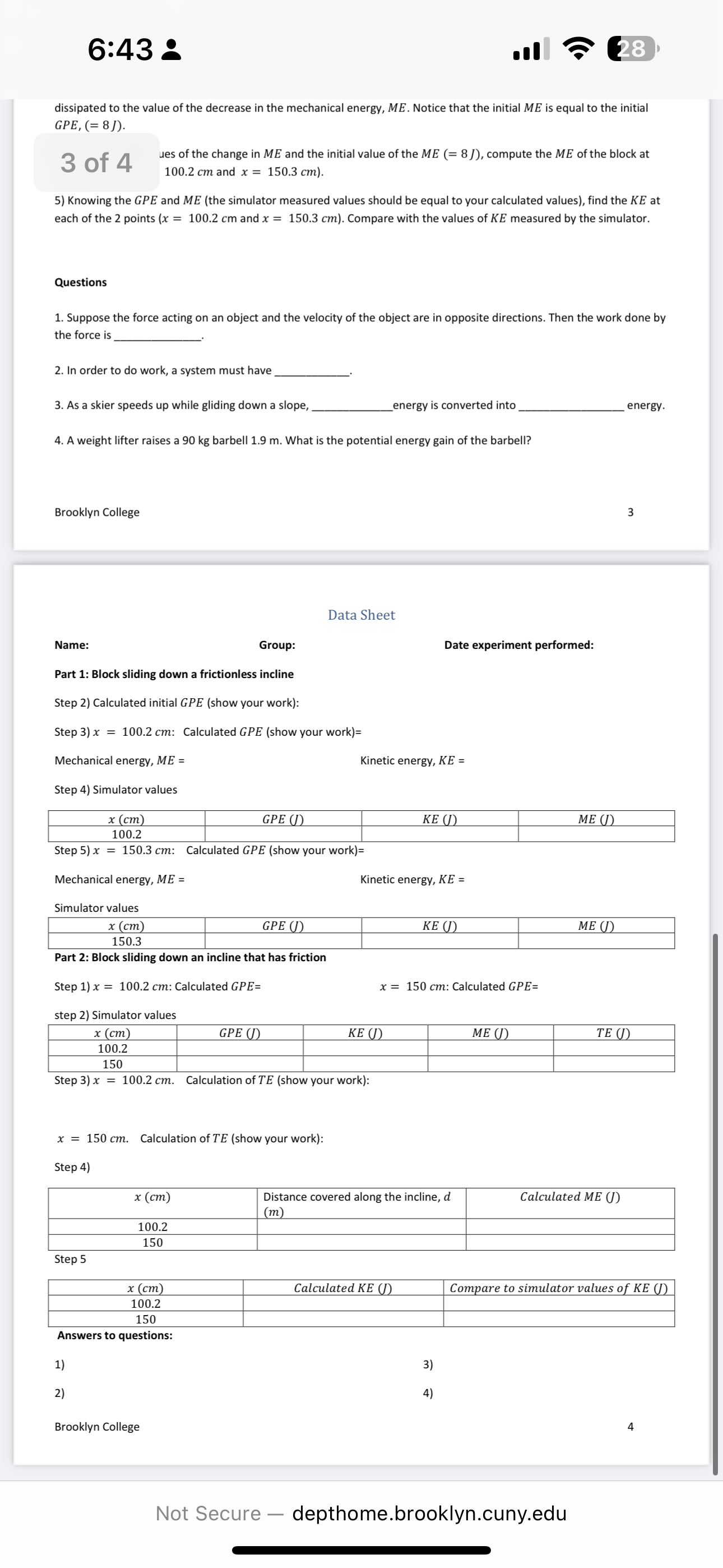 barbell? View answer and explanation Brooklyn College Data Sheet Name: Group: Date