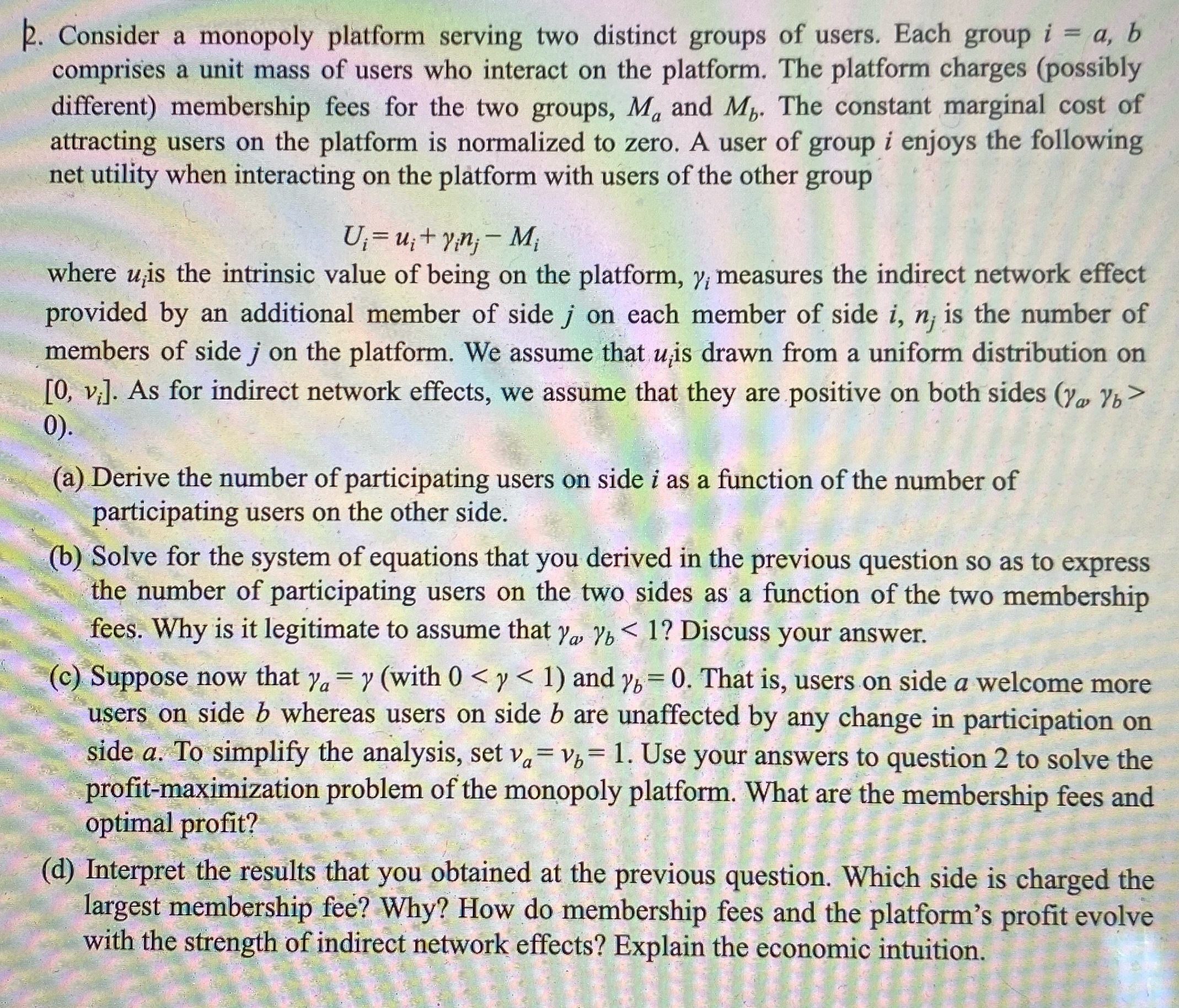 Two Sided Markets - Monopoly Platform . Consider a monopoly platform