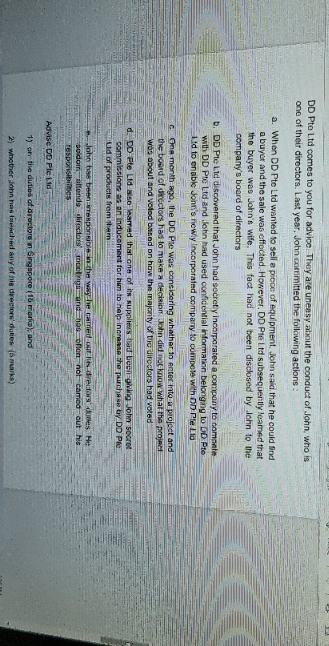  need help please. DD Pte Ltd comes to you for advice.