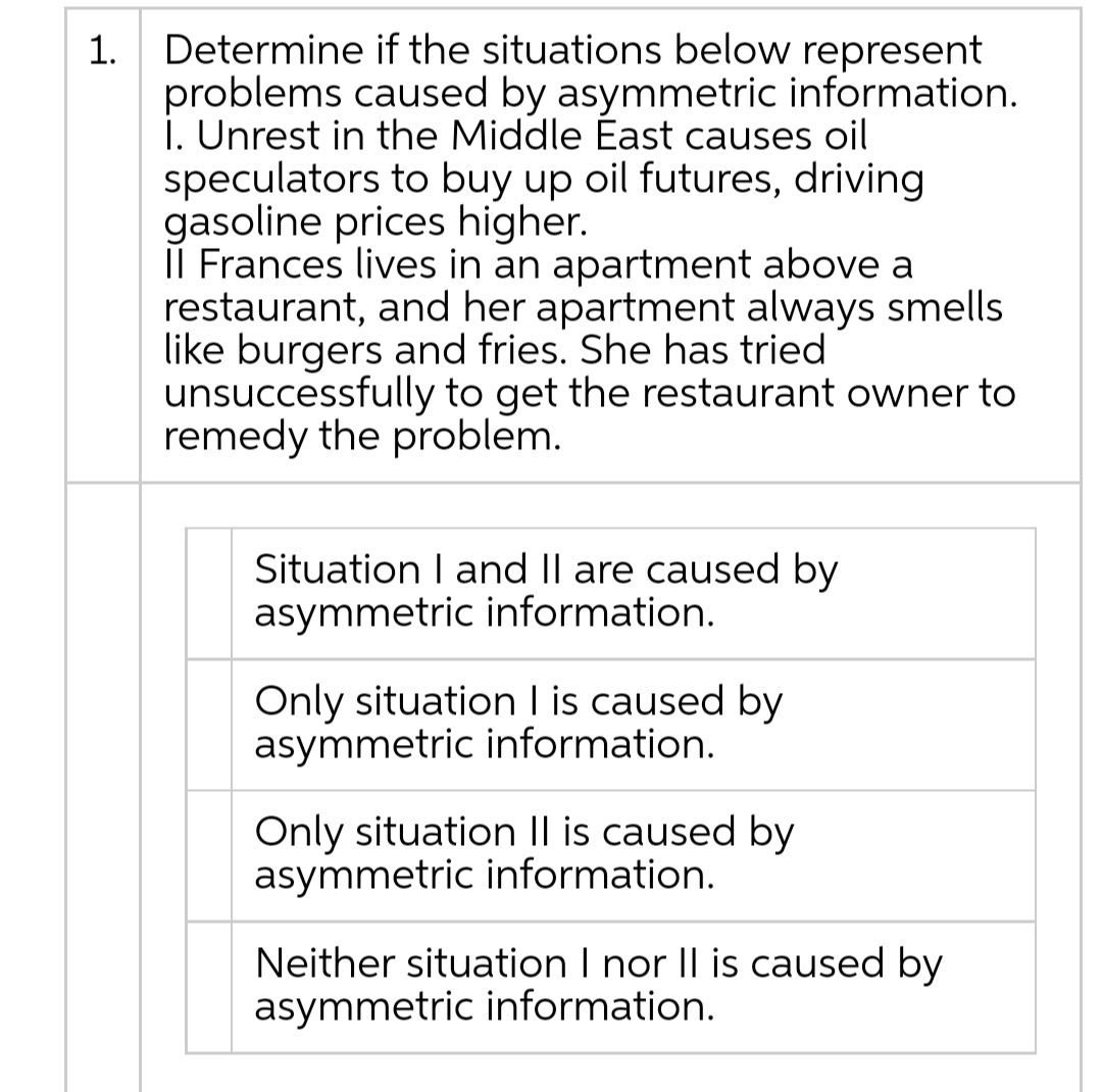 problem. Situation | and II are caused by asymmetric information. Only situation