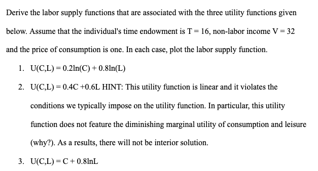  I need help understanding this question. Derive the labor supply functions