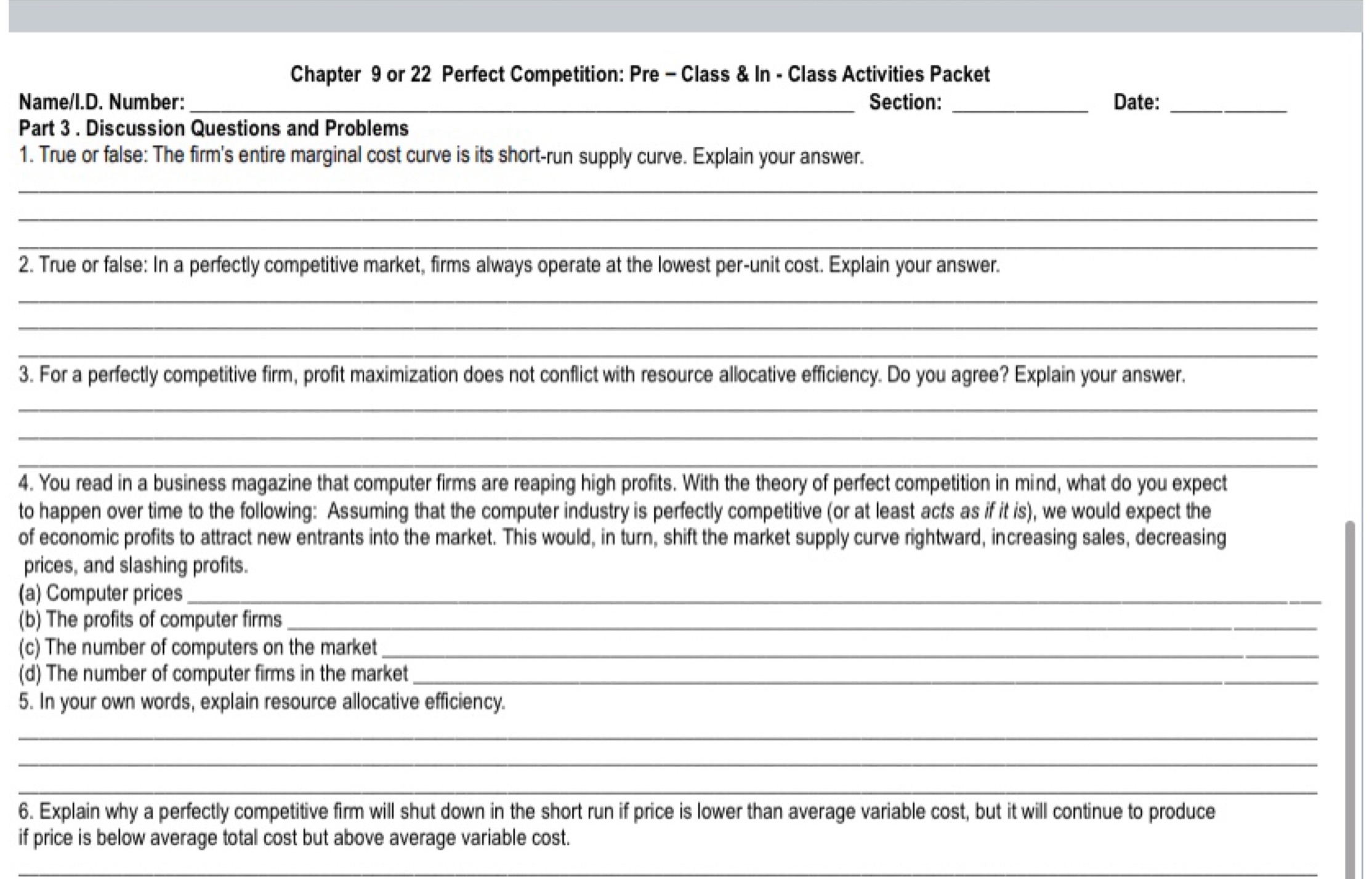 Perfect Competition: Pre - Class & In - Class Activities Packet Name/I.D.