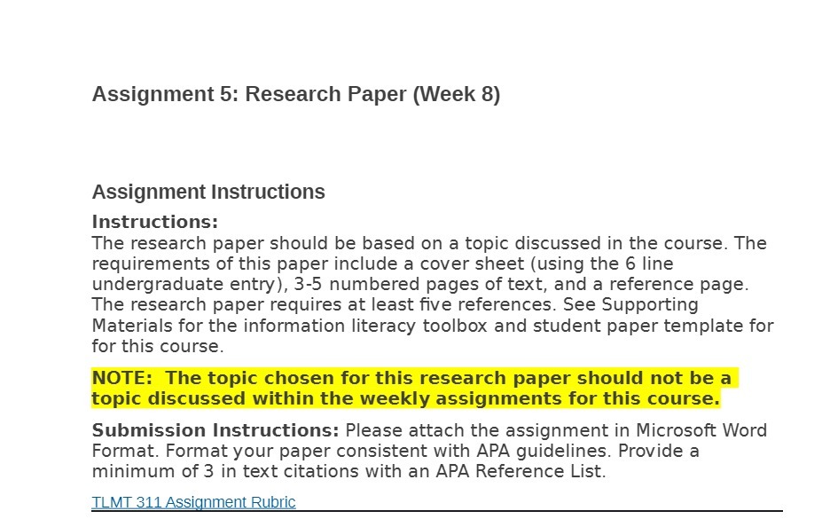 Assignment 5: Research Paper (Week 8) Assignment Instructions Instructions: The research