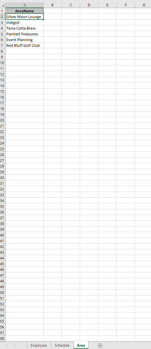  C D E F G B A AreaName Silver Moon Lounge