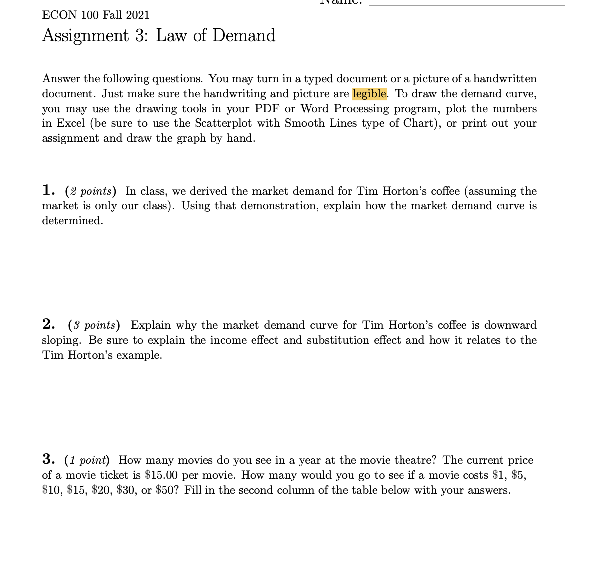J. 1 (1111.5. ECON 100 Fall 2021 Assignment 3: Law of