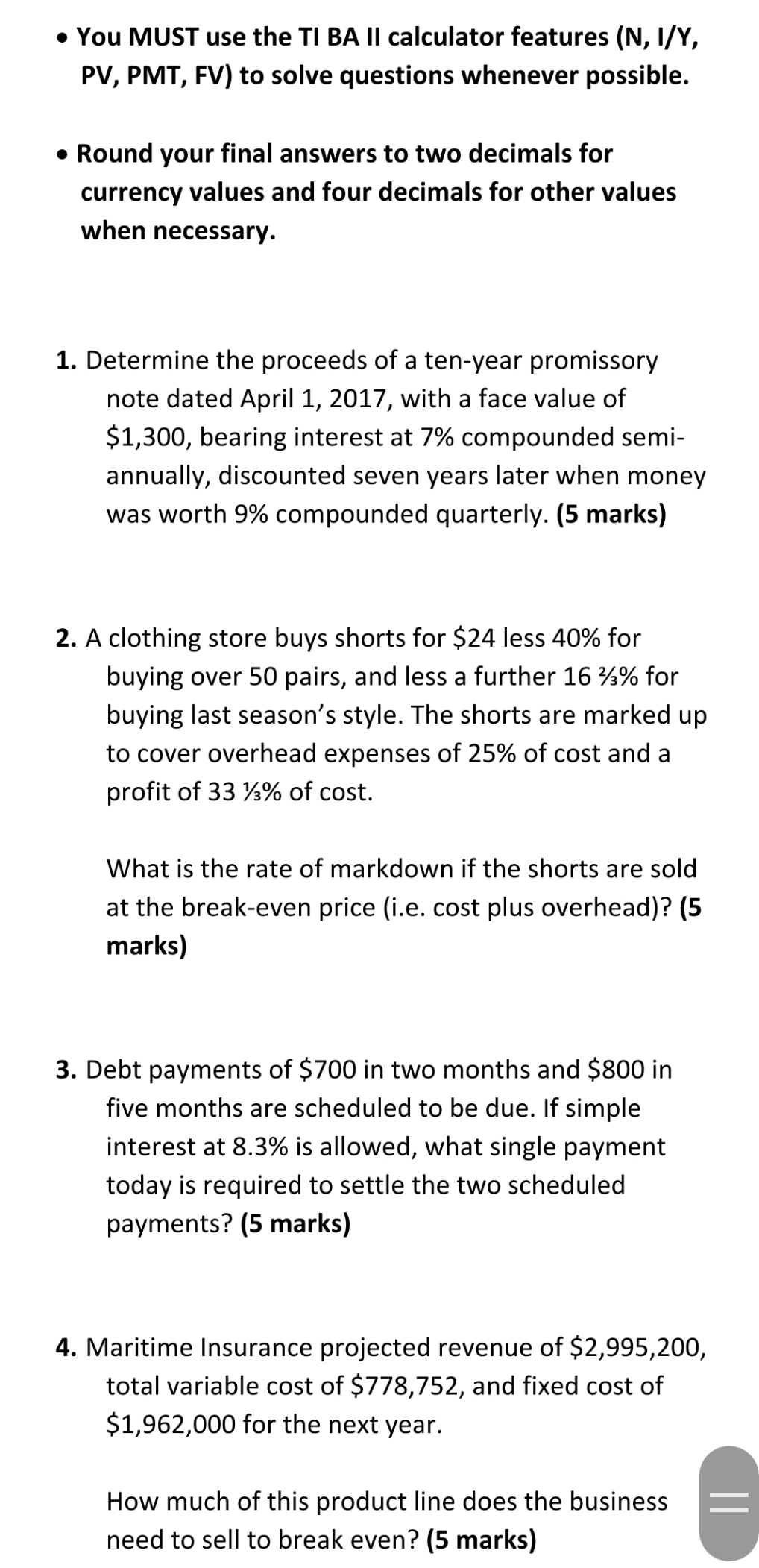 TI BA ll calculator features (N, I/Y, PV, PMT, FV) to solve